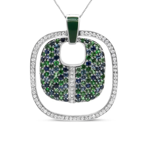 .925 sterling silver green enamel pendant with 1/2 cttw diamond sapphire and tsavorite openwork statement 18’’ pendant