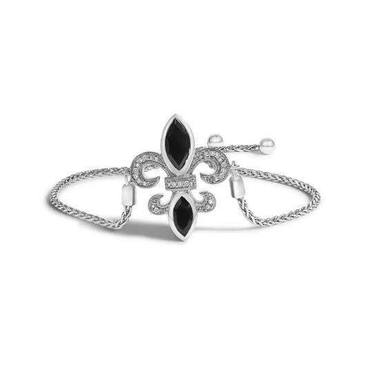 .925 Sterling Silver Marquise Black Onyx and Diamond Accent Lariat 4”-10” Fleur De Lis Adjustable Bolo Bracelet (I-J Color, I1-I2 Clarity) - Bijoux-NYC Direct