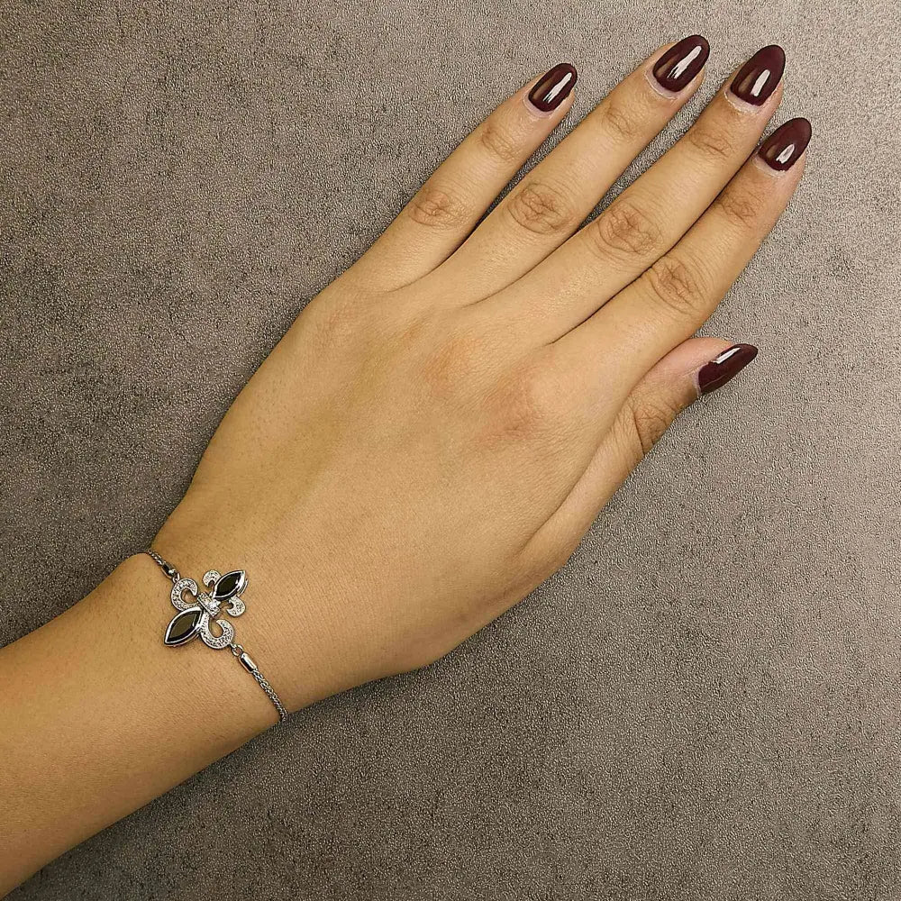 .925 Sterling Silver Marquise Black Onyx and Diamond Accent Lariat 4”-10” Fleur De Lis Adjustable Bolo Bracelet (I-J Color, I1-I2 Clarity) - Bijoux-NYC Direct