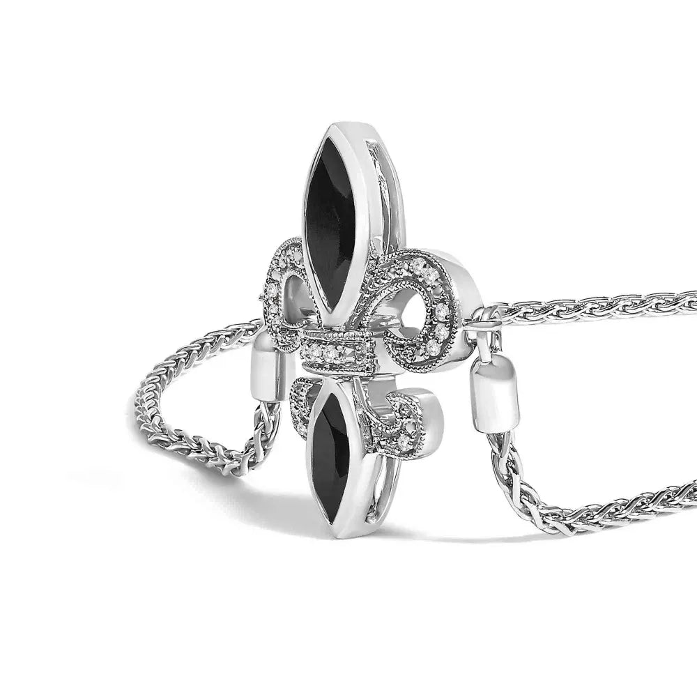 .925 Sterling Silver Marquise Black Onyx and Diamond Accent Lariat 4”-10” Fleur De Lis Adjustable Bolo Bracelet (I-J Color, I1-I2 Clarity) - Bijoux-NYC Direct