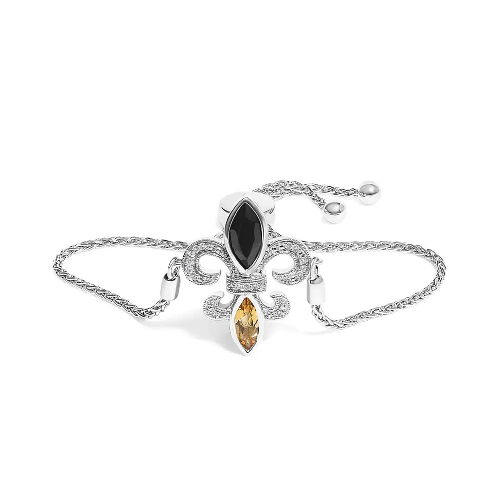 Black onyx citrine and diamond fleur de lis bolo bracelet in sterling silver bijoux-nyc direct