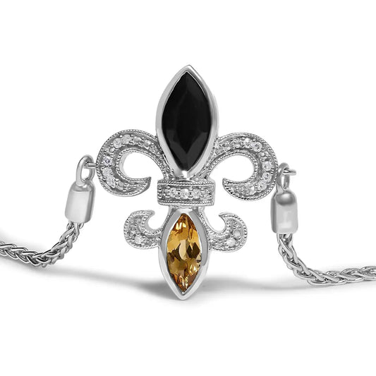 .925 sterling silver marquise black onyx orange citrine & diamond accent lariat 4” 10” fleur de lis adjustable bolo bracelet (i j
