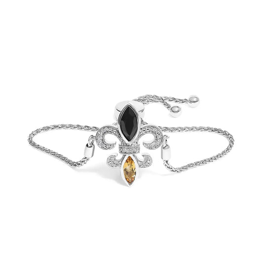 .925 sterling silver marquise black onyx orange citrine & diamond accent lariat 4” 10” fleur de lis adjustable bolo bracelet (i j