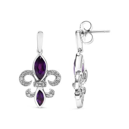 .925 Sterling Silver Marquise Cut Amethyst and Diamond Accent Fleur De Lis Dangle Stud Earrings (H-I Color, SI1-SI2 Clarity) - Bijoux-NYC Direct
