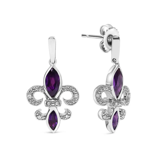 .925 Sterling Silver Marquise Cut Amethyst and Diamond Accent Fleur De Lis Dangle Stud Earrings (H-I Color, SI1-SI2 Clarity) - Bijoux-NYC Direct