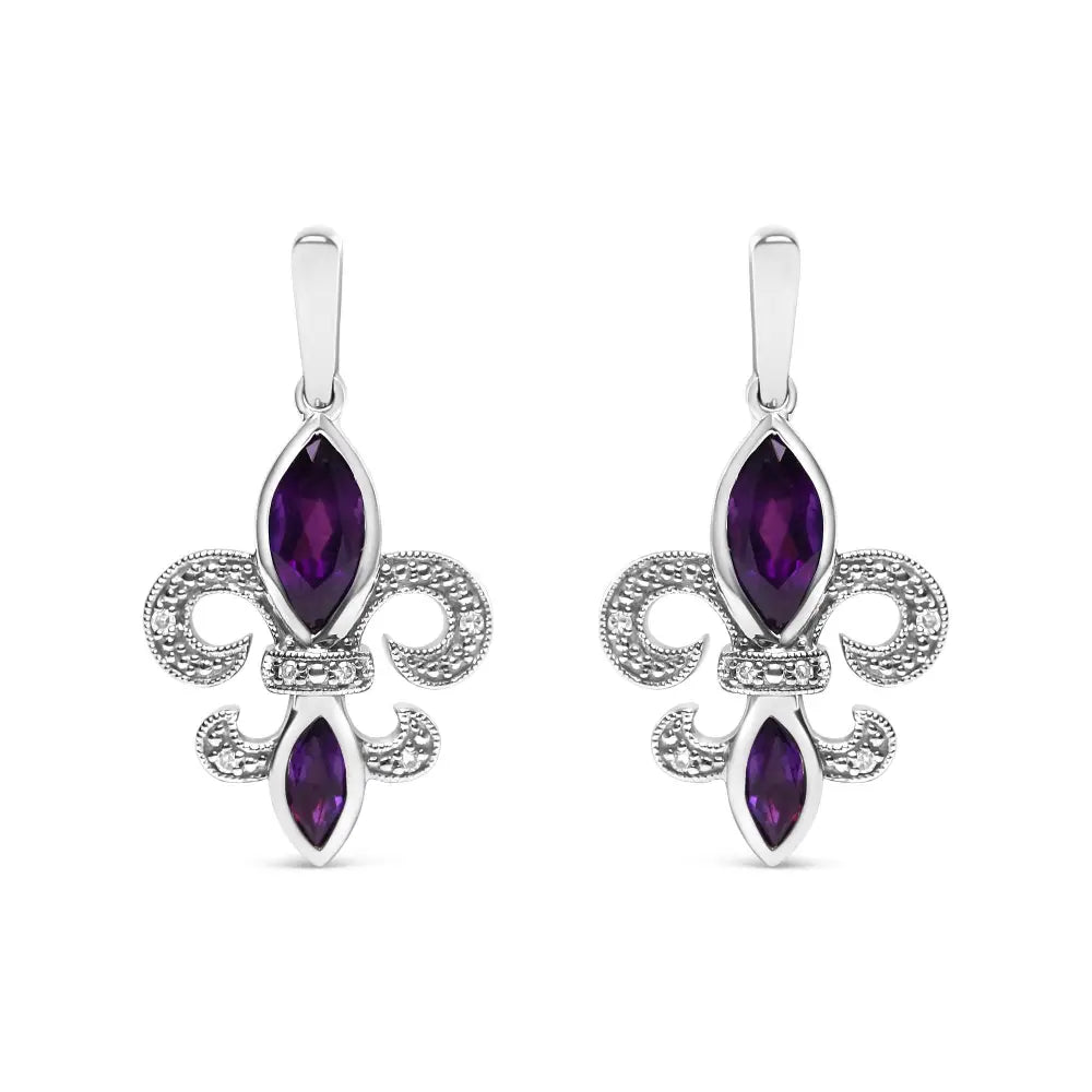 Amethyst and diamond fleur de lis sterling silver dangle stud earrings bijoux-nyc direct