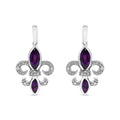 Amethyst and diamond fleur de lis sterling silver dangle stud earrings bijoux-nyc direct