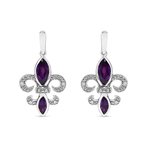 .925 sterling silver marquise cut amethyst and diamond accent fleur de lis dangle stud earrings (h-i color si1-si2