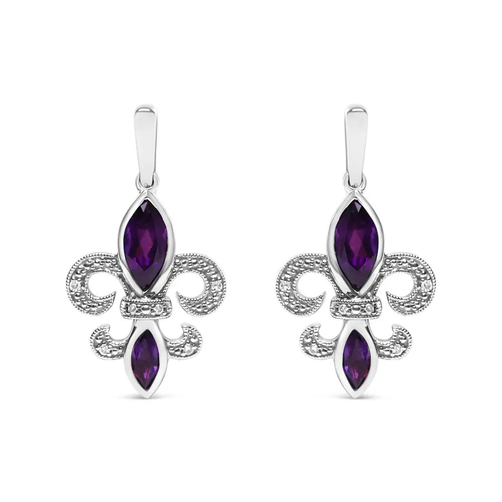 .925 Sterling Silver Marquise Cut Amethyst and Diamond Accent Fleur De Lis Dangle Stud Earrings (H-I Color, SI1-SI2 Clarity) - Bijoux-NYC Direct
