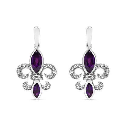 .925 Sterling Silver Marquise Cut Amethyst and Diamond Accent Fleur De Lis Dangle Stud Earrings (H-I Color, SI1-SI2 Clarity) - Bijoux-NYC Direct