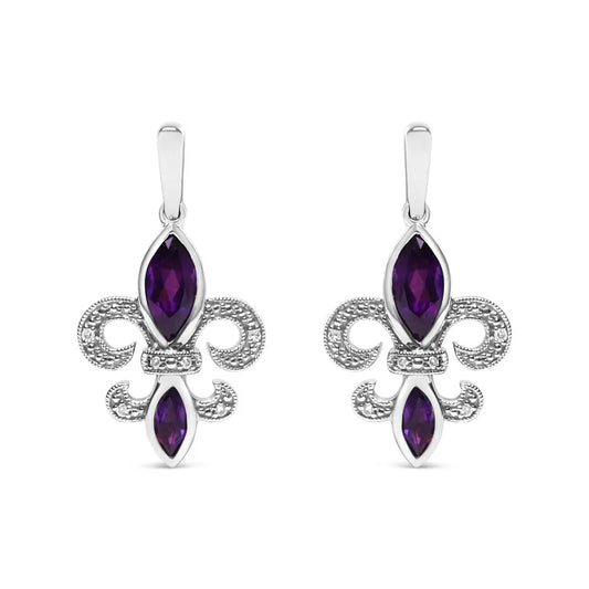 .925 Sterling Silver Marquise Cut Amethyst and Diamond Accent Fleur De Lis Dangle Stud Earrings (H-I Color, SI1-SI2 Clarity) - Bijoux-NYC Direct
