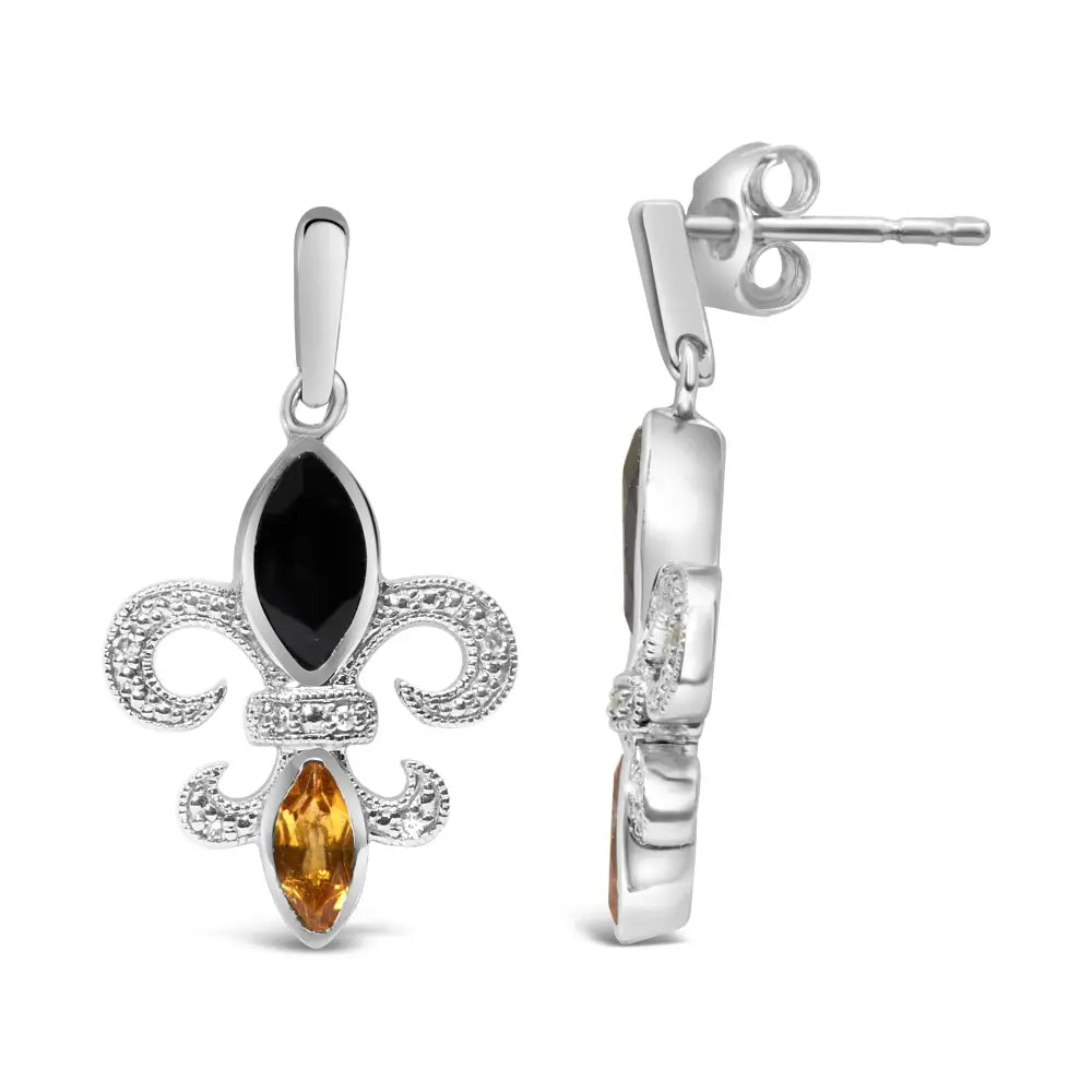 Fleur de lis onyx and citrine sterling silver diamond drop earrings bijoux-nyc direct