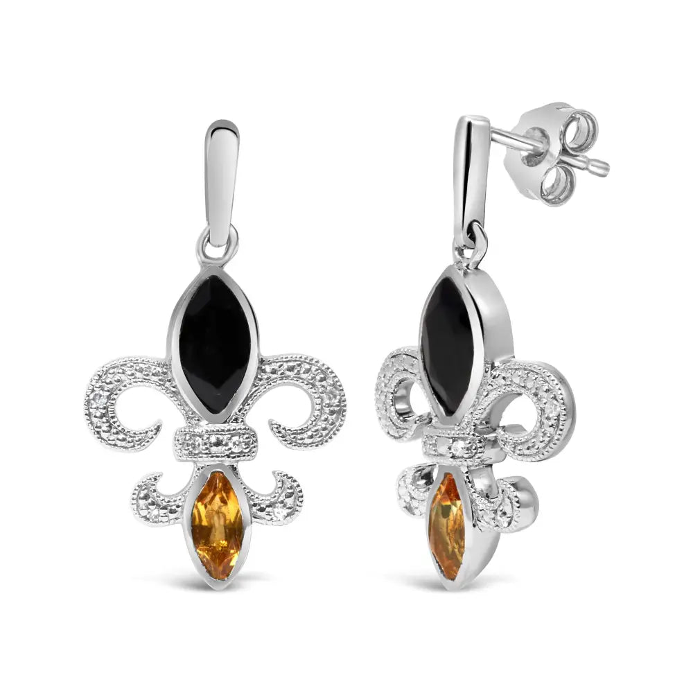 Fleur de lis onyx and citrine sterling silver diamond drop earrings bijoux-nyc direct