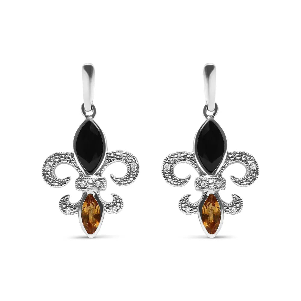 .925 Sterling Silver Marquise Cut Onyx and Citrine with Diamond Accent Fleur De Lis Drop Stud Earrings (H-I Color, SI1-SI2 Clarity) - Bijoux-NYC Direct
