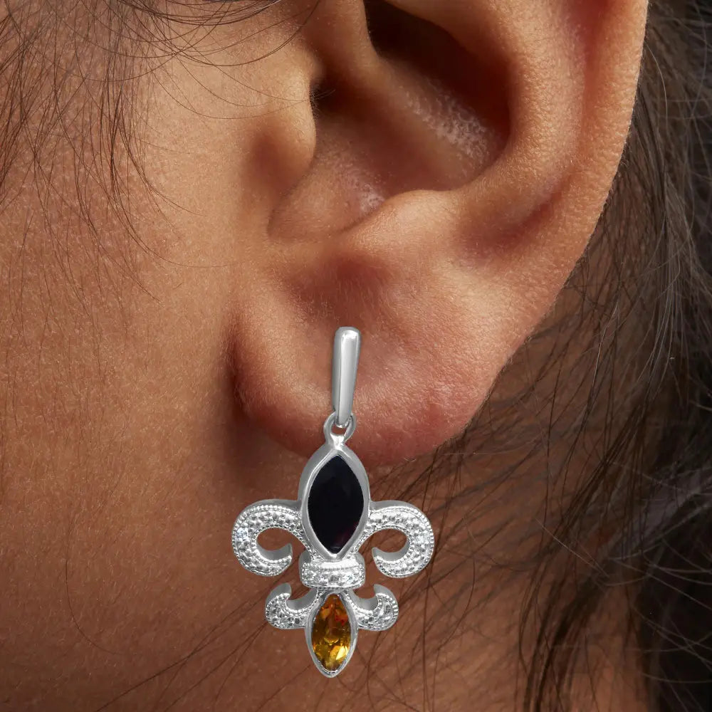 Fleur de lis onyx and citrine sterling silver diamond drop earrings bijoux-nyc direct