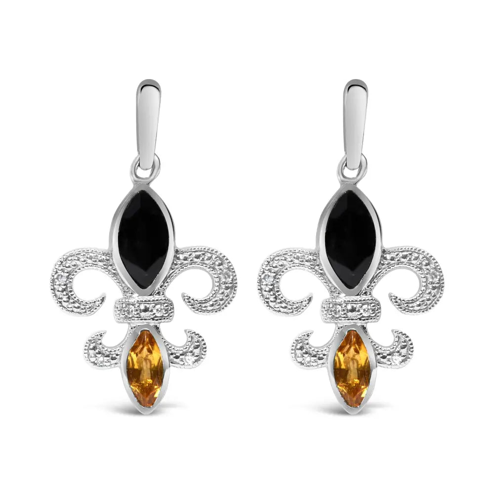 Fleur de lis onyx and citrine sterling silver diamond drop earrings bijoux-nyc direct