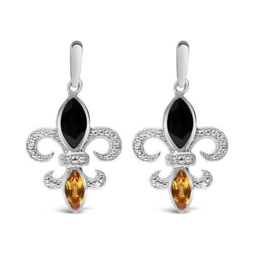 .925 sterling silver marquise cut onyx and citrine with diamond accent fleur de lis drop stud earrings (h-i color