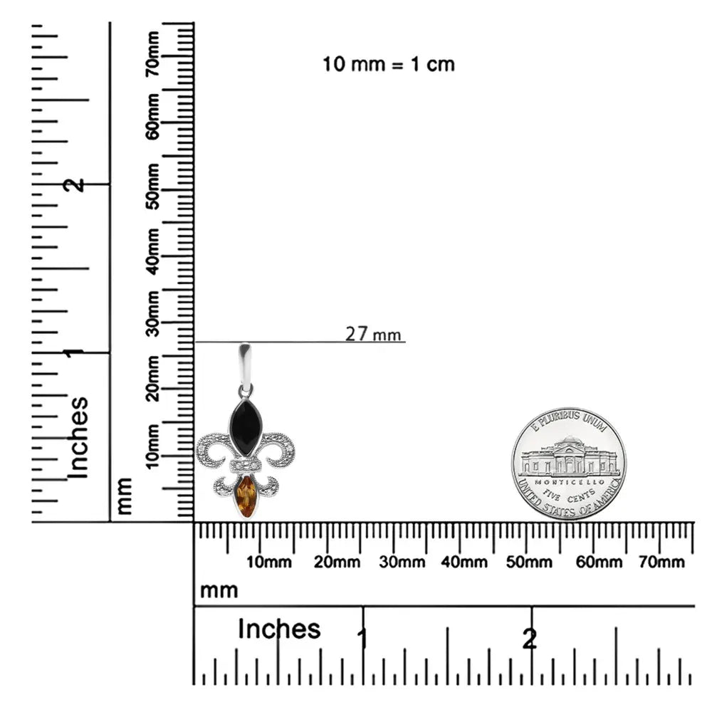 .925 Sterling Silver Marquise Cut Onyx and Citrine with Diamond Accent Fleur De Lis Drop Stud Earrings (H-I Color, SI1-SI2 Clarity) - Bijoux-NYC Direct