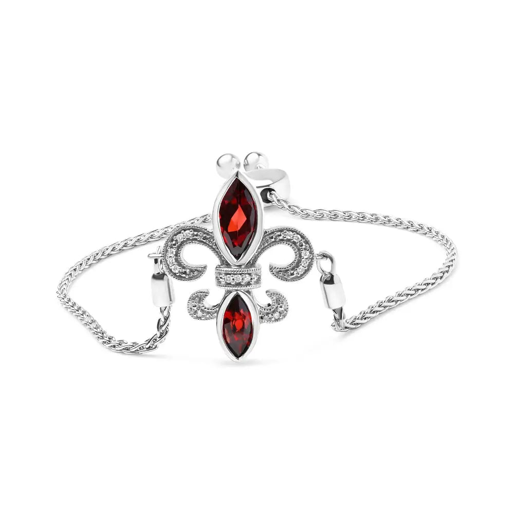 Sterling silver marquise garnet and diamond fleur de lis bolo bracelet bijoux-nyc direct