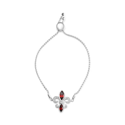 .925 Sterling Silver Marquise Garnet and Diamond Accent Lariat 4”-10” Fleur De Lis Adjustable Bolo Bracelet (H-I Color, SI1-SI2 Clarity) - Bijoux-NYC Direct