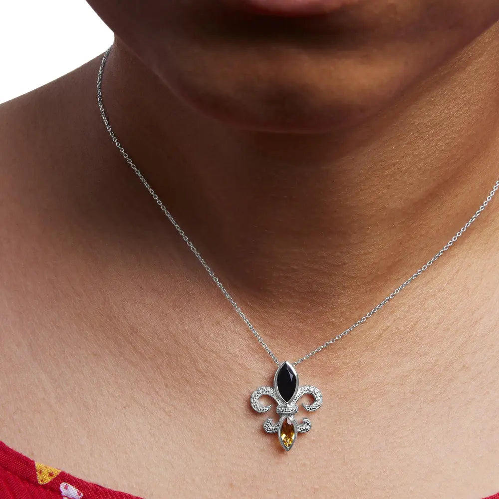 .925 sterling silver marquise onyx and citrine diamond accent fleur de lis pendant necklace (h i color si1 si2 clarity) 18’’