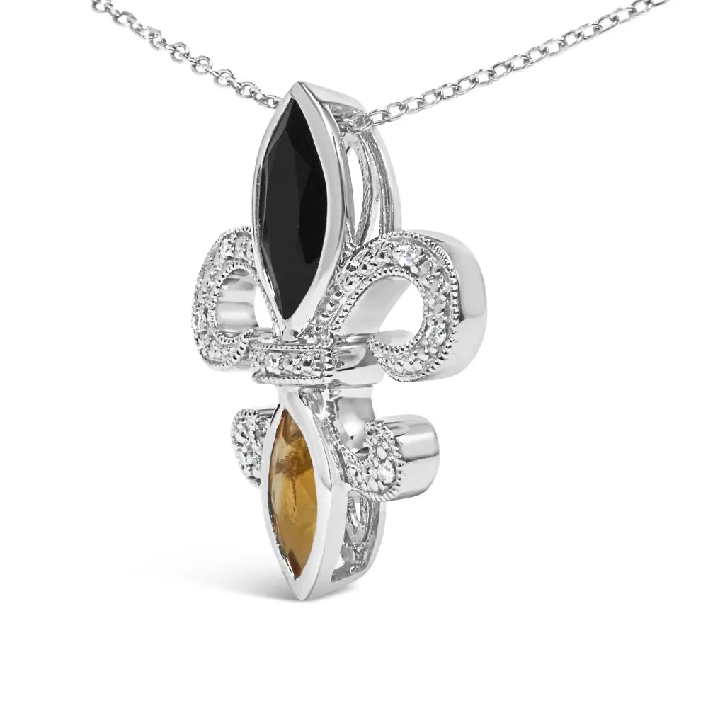 .925 sterling silver marquise onyx and citrine diamond accent fleur de lis pendant necklace (h i color si1 si2 clarity) 18’’
