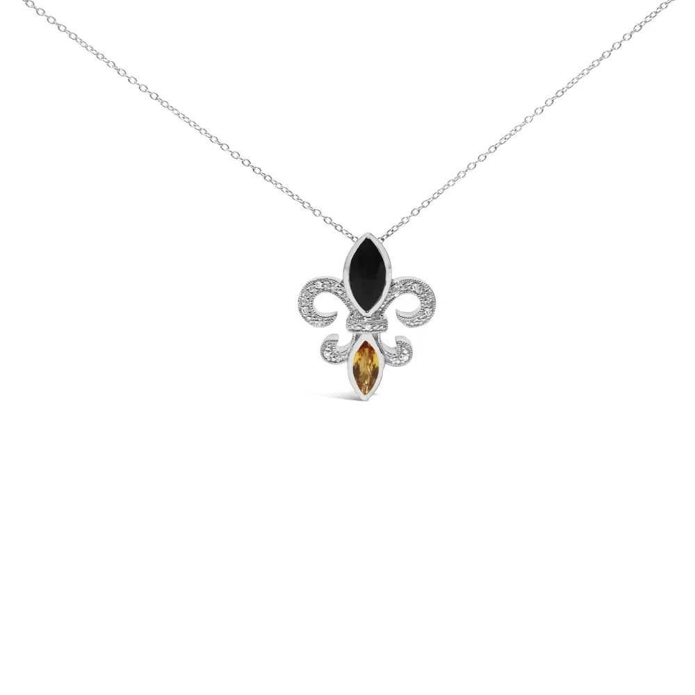 .925 sterling silver marquise onyx and citrine diamond accent fleur de lis pendant necklace (h i color si1 si2 clarity) 18’’