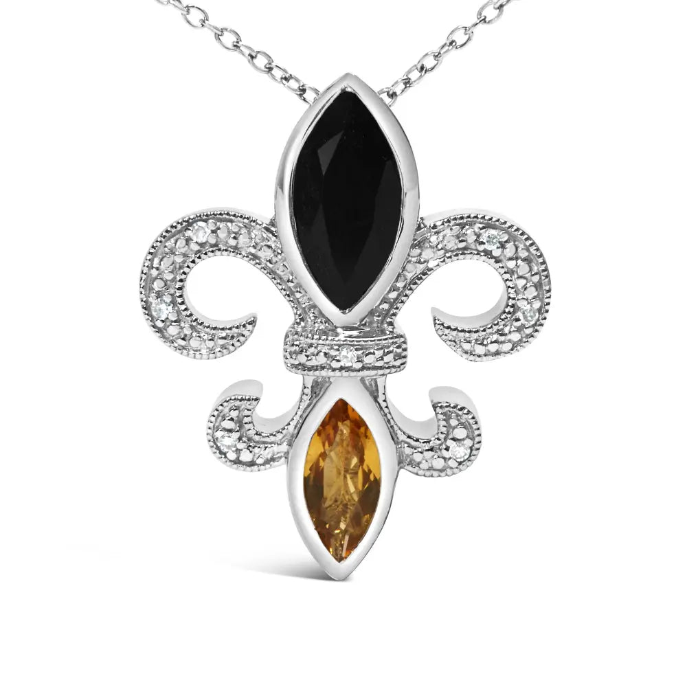 Onyx citrine & diamond fleur de lis pendant necklace in sterling silver – 18’’ bijoux-nyc direct