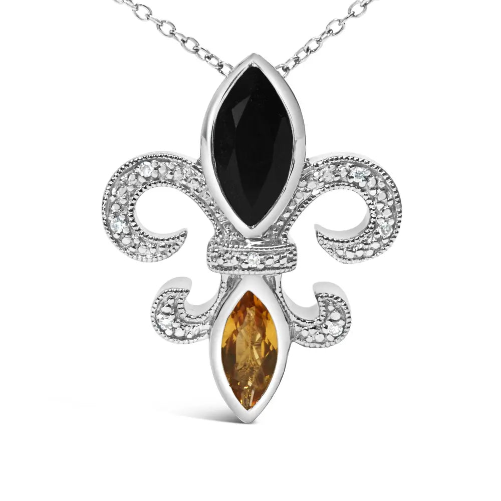 .925 sterling silver marquise onyx and citrine diamond accent fleur de lis pendant necklace (h i color si1 si2 clarity) 18’’