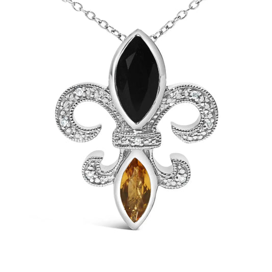 .925 sterling silver marquise onyx and citrine diamond accent fleur de lis pendant necklace (h i color si1 si2 clarity) 18’’