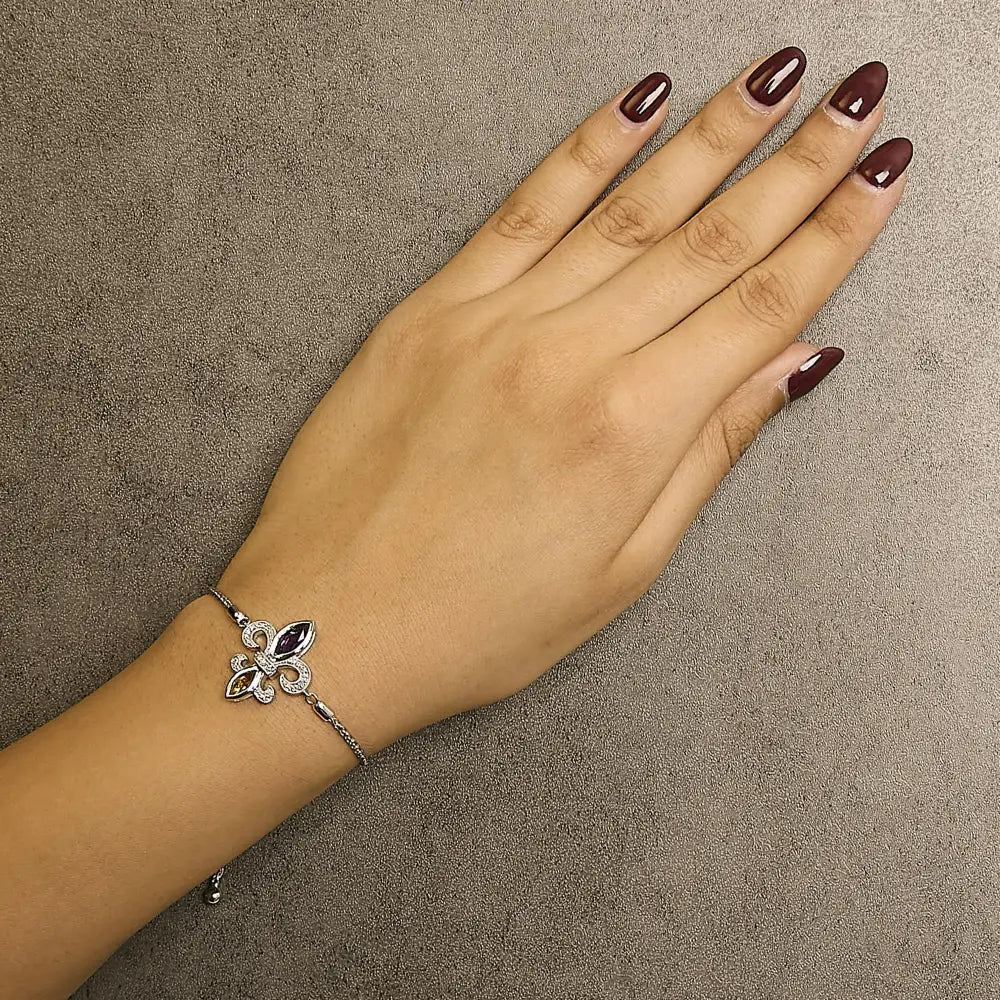Amethyst citrine and diamond fleur-de-lis sterling silver bolo bracelet bijoux-nyc direct