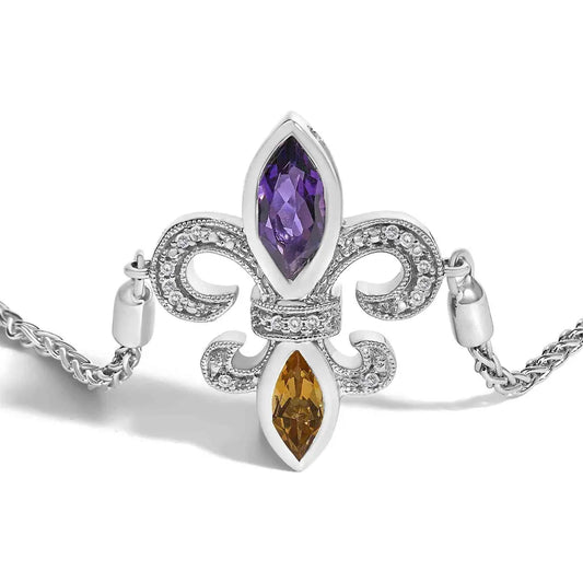 .925 Sterling Silver Marquise Purple Amethyst, Orange Citrine, and Diamond Accent Lariat 4”-10” Fleur De Lis Adjustable Bolo Bracelet (I-J Color, I1-I2 Clarity) - Bijoux-NYC Direct