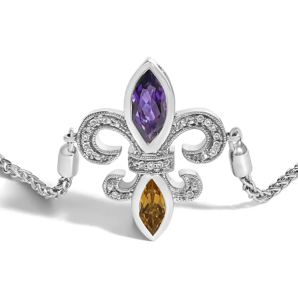 Amethyst citrine and diamond fleur-de-lis sterling silver bolo bracelet bijoux-nyc direct