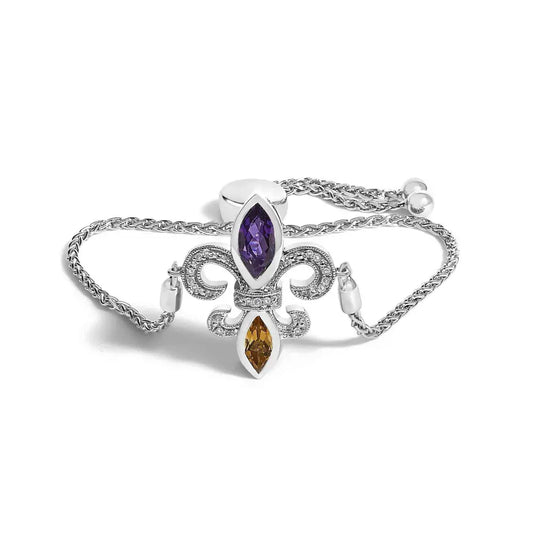 .925 Sterling Silver Marquise Purple Amethyst, Orange Citrine, and Diamond Accent Lariat 4”-10” Fleur De Lis Adjustable Bolo Bracelet (I-J Color, I1-I2 Clarity) - Bijoux-NYC Direct