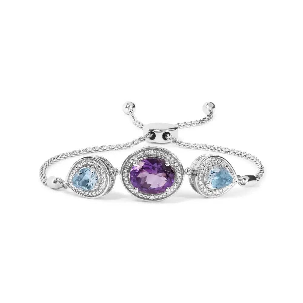 Sterling silver amethyst and blue topaz diamond lariat bolo bracelet bijoux-nyc direct