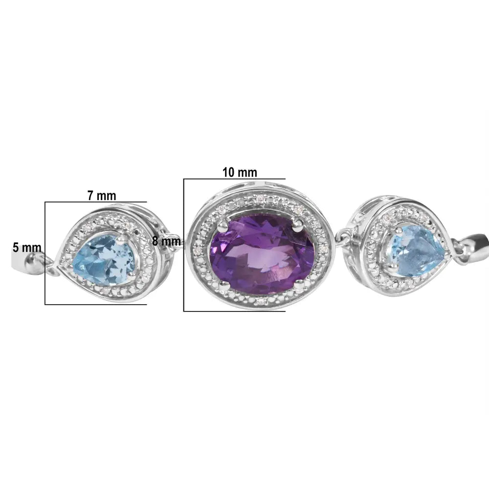 .925 Sterling Silver Oval Amethyst and Pear Blue Topaz with Diamond Accent Lariat 4”-10” Adjustable Bolo Bracelet (H-I Color, SI1-SI2 Clarity) - Bijoux-NYC Direct