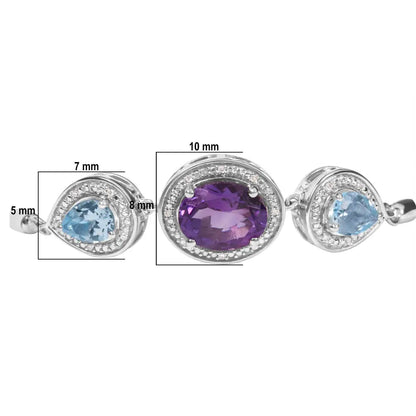 .925 Sterling Silver Oval Amethyst and Pear Blue Topaz with Diamond Accent Lariat 4”-10” Adjustable Bolo Bracelet (H-I Color, SI1-SI2 Clarity) - Bijoux-NYC Direct