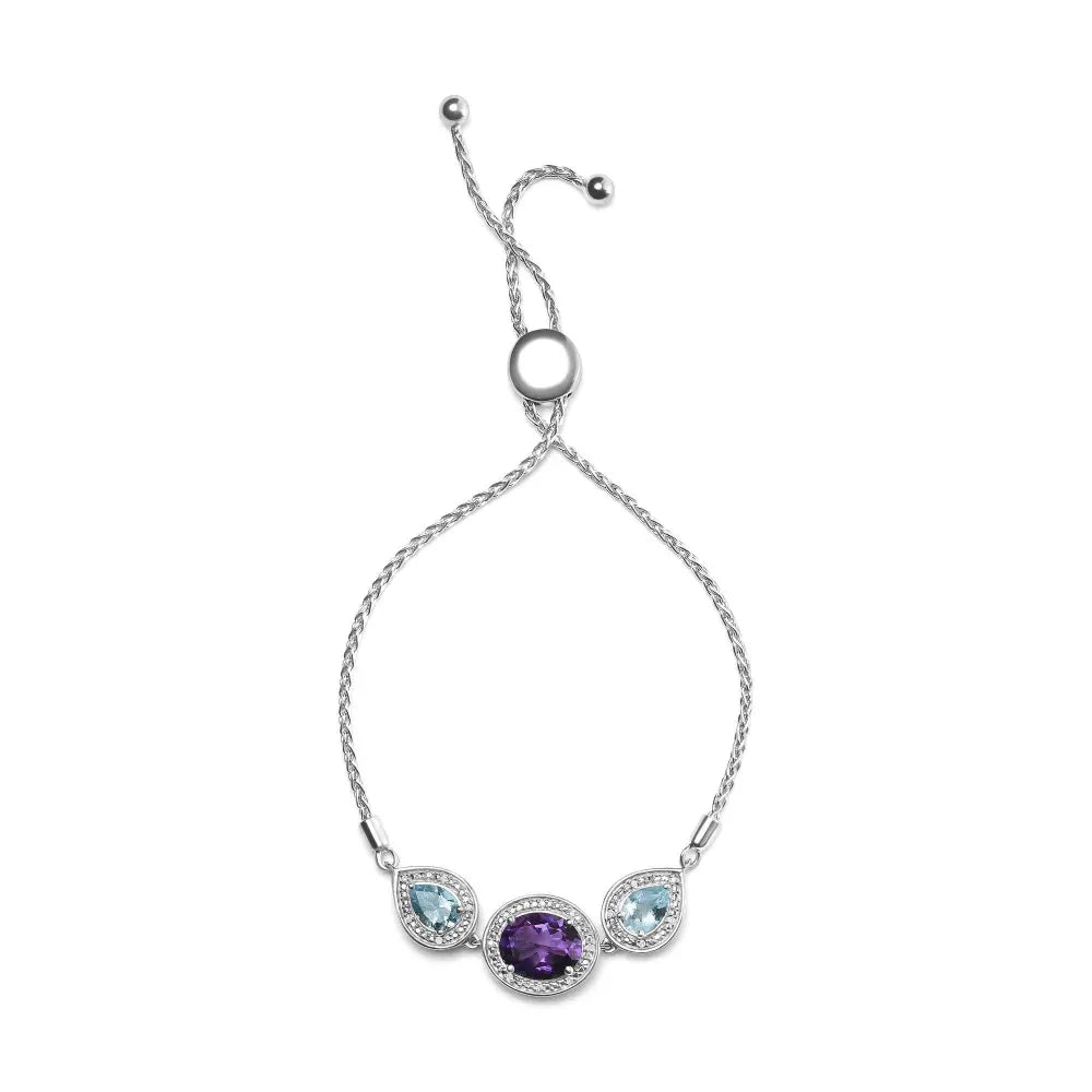 .925 Sterling Silver Oval Amethyst and Pear Blue Topaz with Diamond Accent Lariat 4”-10” Adjustable Bolo Bracelet (H-I Color, SI1-SI2 Clarity) - Bijoux-NYC Direct