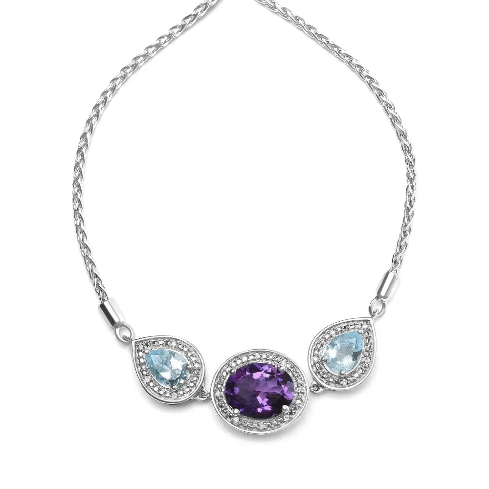 .925 Sterling Silver Oval Amethyst and Pear Blue Topaz with Diamond Accent Lariat 4”-10” Adjustable Bolo Bracelet (H-I Color, SI1-SI2 Clarity) - Bijoux-NYC Direct