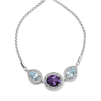 .925 Sterling Silver Oval Amethyst and Pear Blue Topaz with Diamond Accent Lariat 4”-10” Adjustable Bolo Bracelet (H-I Color, SI1-SI2 Clarity) - Bijoux-NYC Direct