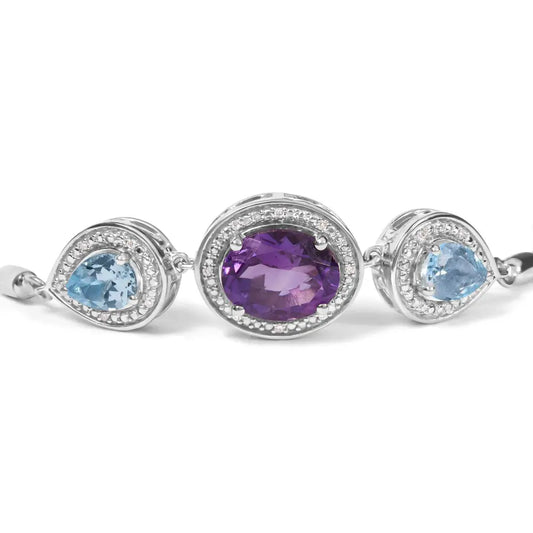 .925 Sterling Silver Oval Amethyst and Pear Blue Topaz with Diamond Accent Lariat 4”-10” Adjustable Bolo Bracelet (H-I Color, SI1-SI2 Clarity) - Bijoux-NYC Direct
