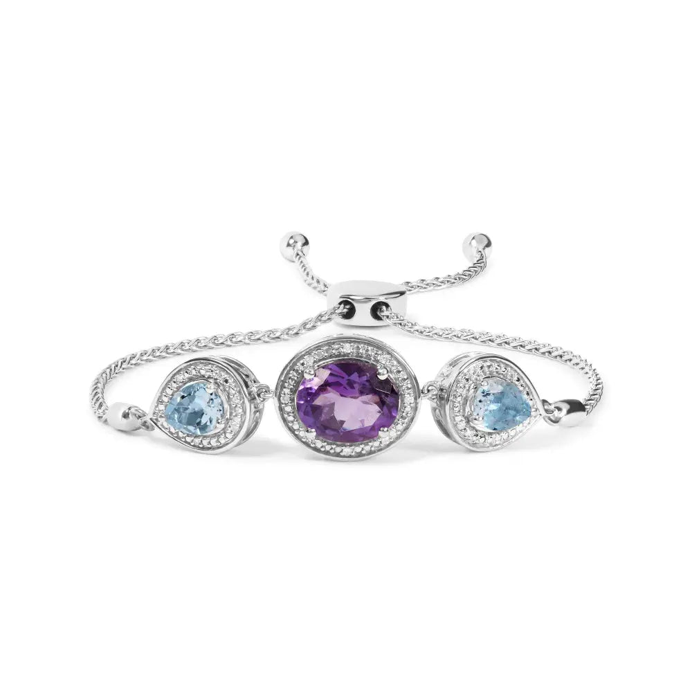 .925 Sterling Silver Oval Amethyst and Pear Blue Topaz with Diamond Accent Lariat 4”-10” Adjustable Bolo Bracelet (H-I Color, SI1-SI2 Clarity) - Bijoux-NYC Direct