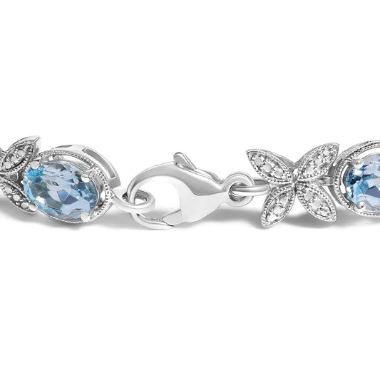 .925 sterling silver oval blue topaz diamond butterfly link bracelet (i j color i1 i2 clarity) size 7’’ inches