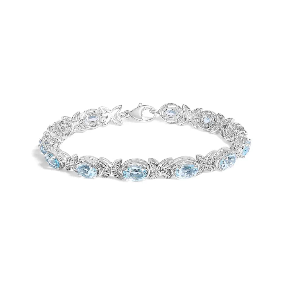 .925 sterling silver oval blue topaz diamond butterfly link bracelet (i j color i1 i2 clarity) size 7’’ inches