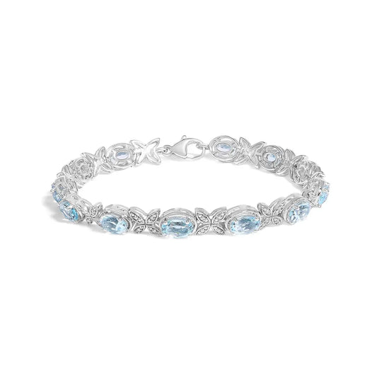 .925 sterling silver oval blue topaz diamond butterfly link bracelet (i j color i1 i2 clarity) size 7’’ inches