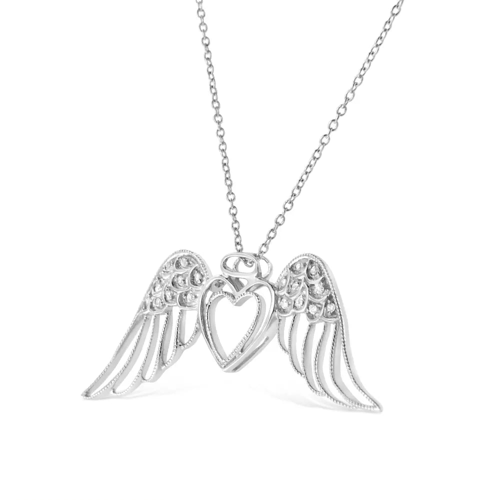 .925 Sterling Silver Pave-Set Diamond Accent Angel Wing 18" Double Heart Pendant Necklace (I-J Color, I1-I2 Clarity) - Bijoux-NYC Direct