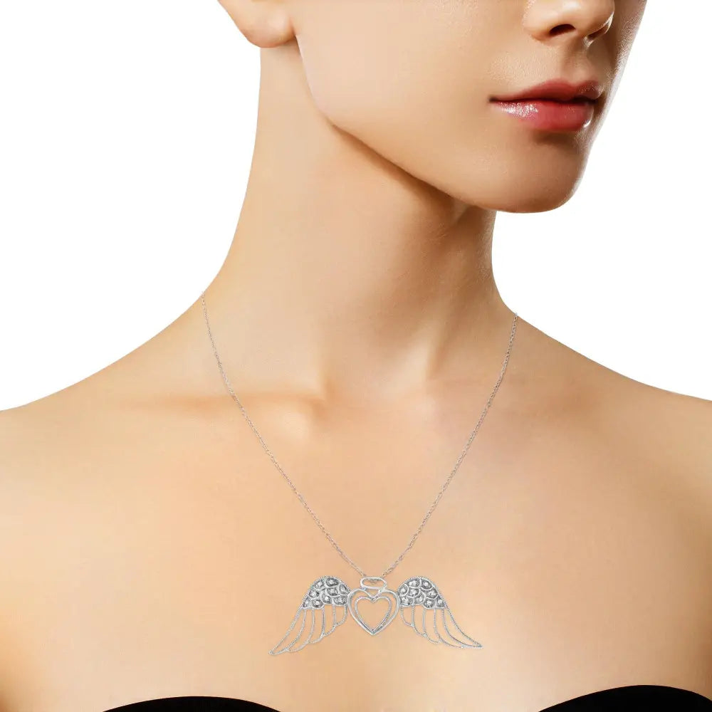 Diamond pavé angel wing double heart pendant necklace in sterling silver bijoux-nyc direct
