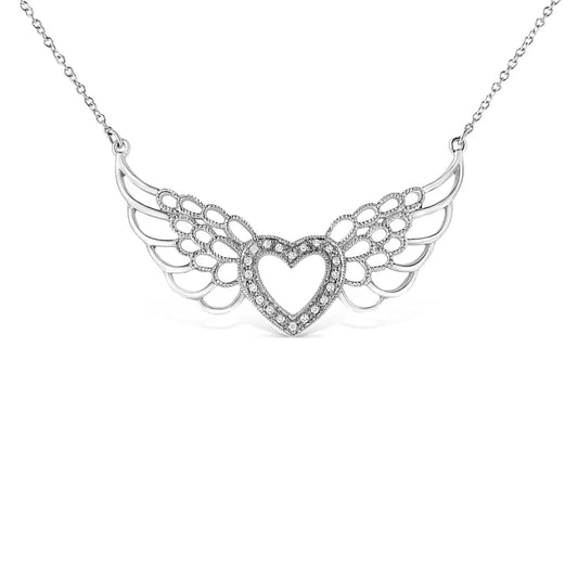 .925 Sterling Silver Pave-Set Diamond Accent Fairy Wing 18" Heart Pendant Necklace (I-J Color, I1-I2 Clarity) - Bijoux-NYC Direct