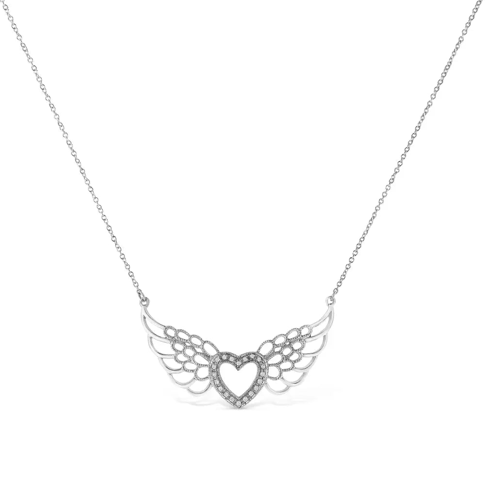.925 Sterling Silver Pave-Set Diamond Accent Fairy Wing 18" Heart Pendant Necklace (I-J Color, I1-I2 Clarity) - Bijoux-NYC Direct