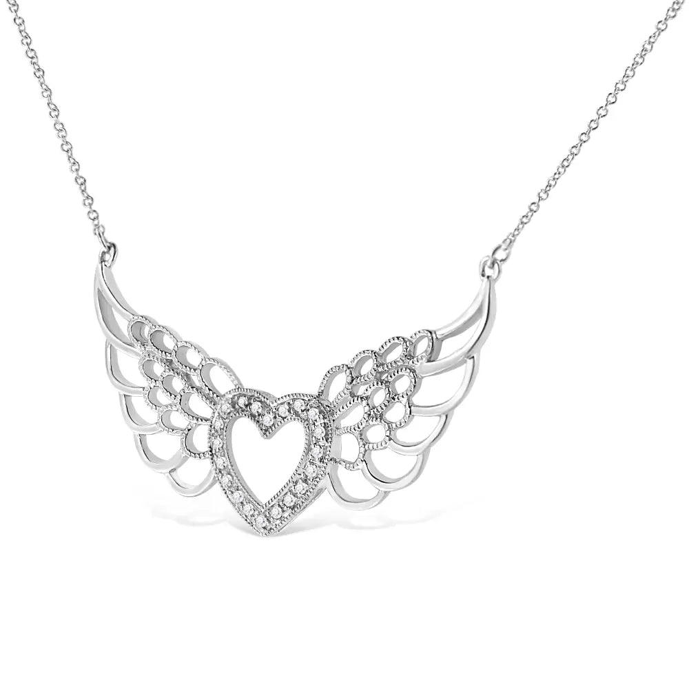 .925 Sterling Silver Pave-Set Diamond Accent Fairy Wing 18" Heart Pendant Necklace (I-J Color, I1-I2 Clarity) - Bijoux-NYC Direct